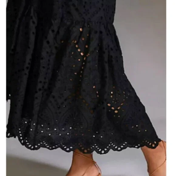 Anthropologie Maeve 6 NWT Eyelet Wrap Midi Dress Black $180 Pockets Cocktail - Picture 5 of 6